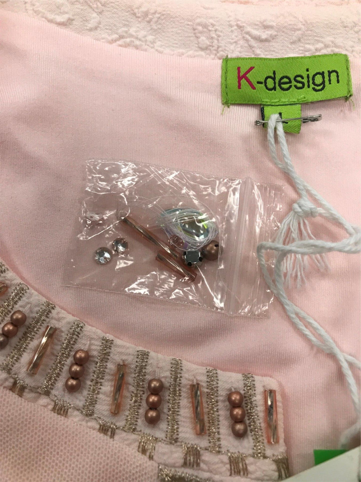 k-design-light-pink-patterned-bead-rhinestone-mini-dress-ladies-sz-l-new