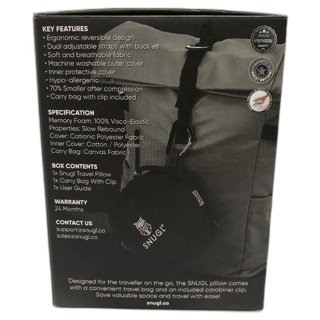 SNUGL Memory Foam Ergonomic Reversible Travel Pillow Dark Grey One Size NEW