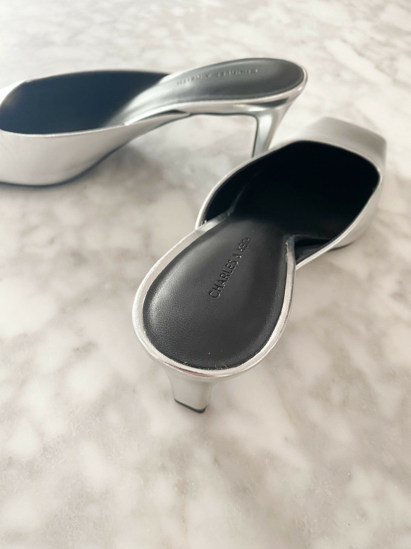 Charles & Keith Silver-Tone Leather Square-Toe Mules