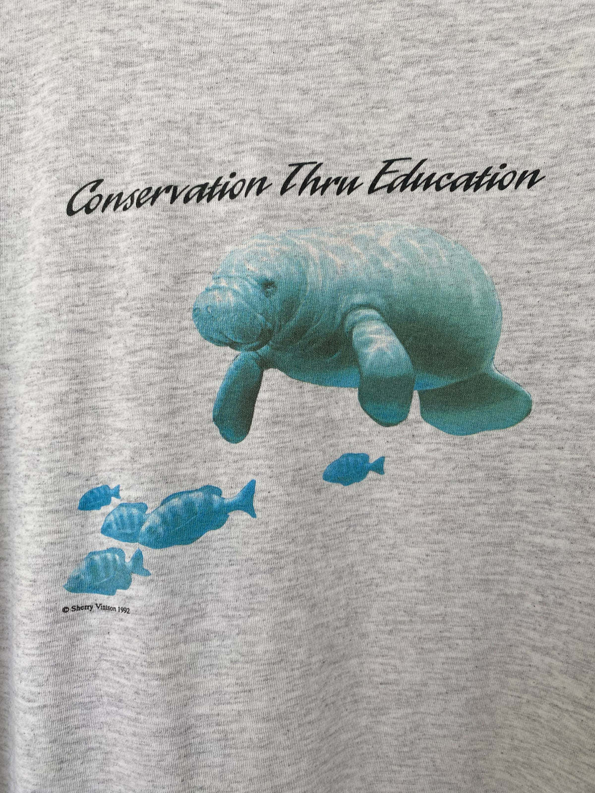 Men's Size L Vintage Sea World Cotton Grey Marle Print T-Shirt