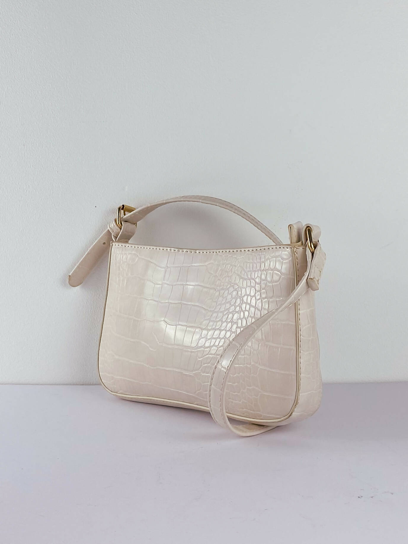 Cream Faux Croc-Effect Leather Bag