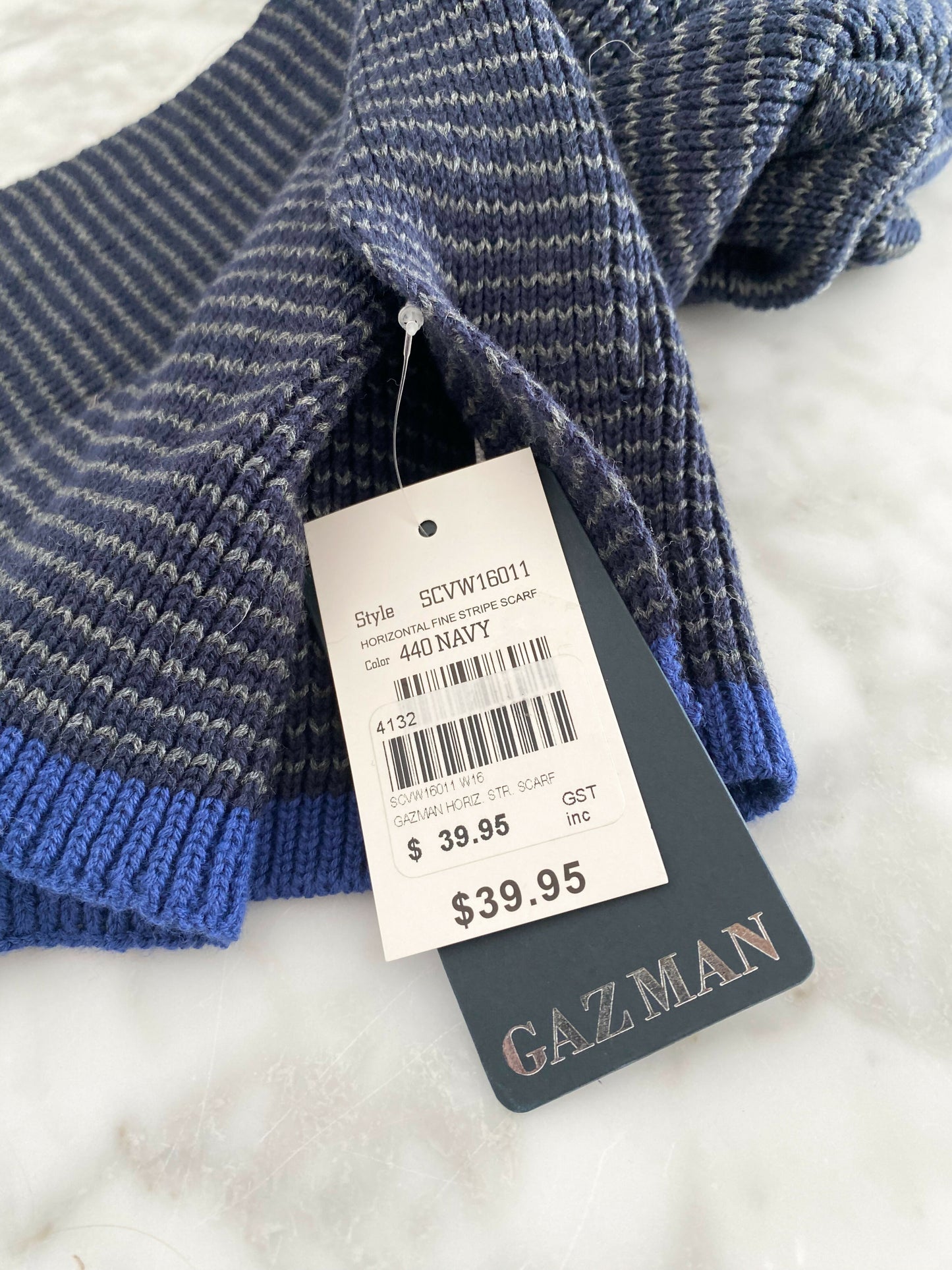 BNWT Gazman Striped Navy and Grey Cotton-Blend Scarf