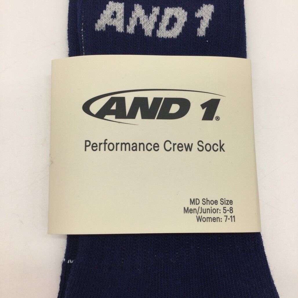 AND1 2 Piece Navy & White Sports Performance Crew Sock Unisex Size Medium NEW