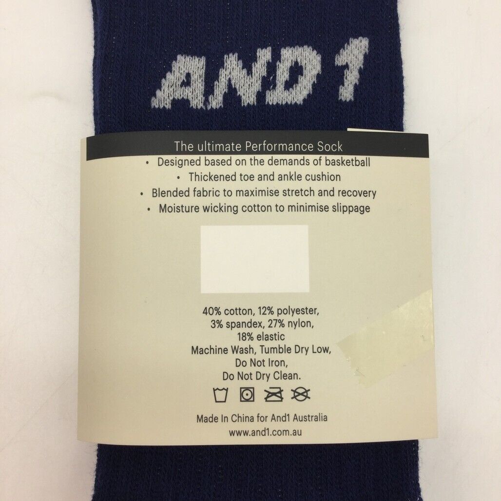 AND1 2 Piece Navy & White Sports Performance Crew Sock Unisex Size Medium NEW