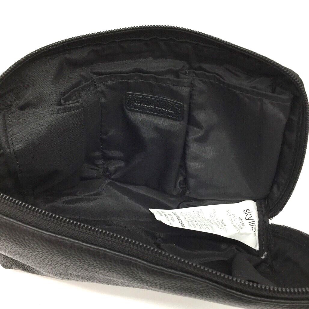 Skylite Black Genuine Real Leather Pouch Travel Makeup Bag Zip Closure NEW