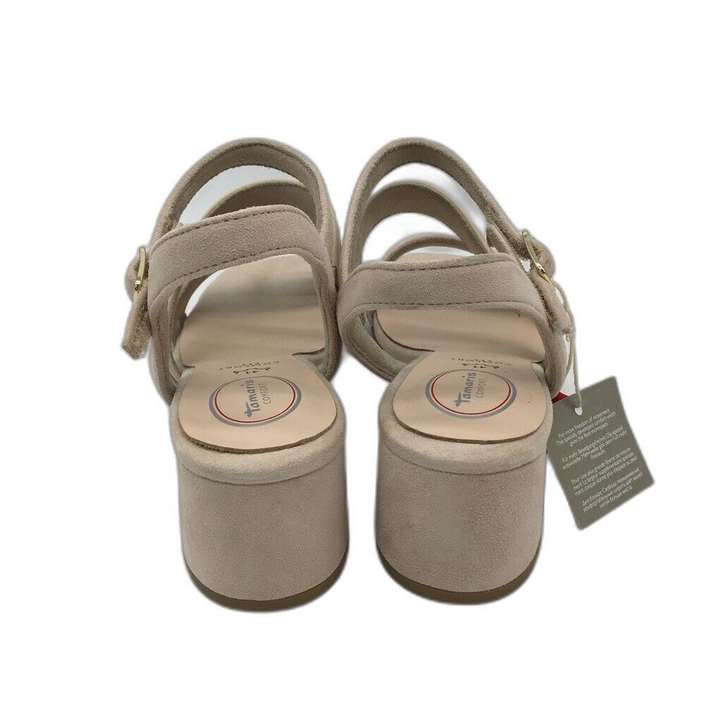 Tamaris Comfort Strappy Suede Heeled Leather Sandals Beige Ladies Sz US 9.5 NEW