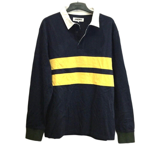 Jeanswest Navy w/Yellow Stripes Long Sleeve Collared Rugby Jumper Mens Sz L NEW