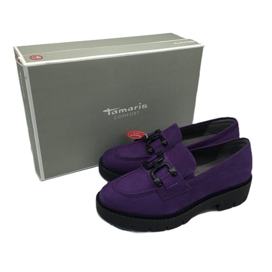 Tamaris Comfort Suede Leather Wedge Heel Loafer Purple Ladies Size US 8.5 NEW