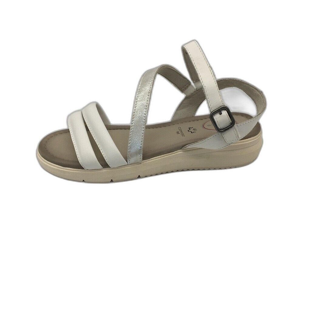 Tamaris Comfort Strappy Wedge Leather Sandals White/Silver Ladies Sz US 9.5 NEW