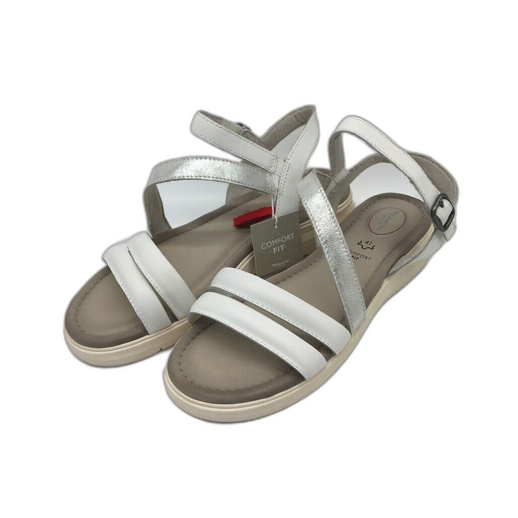 Tamaris Comfort Strappy Wedge Leather Sandals White/Silver Ladies Sz US 9.5 NEW