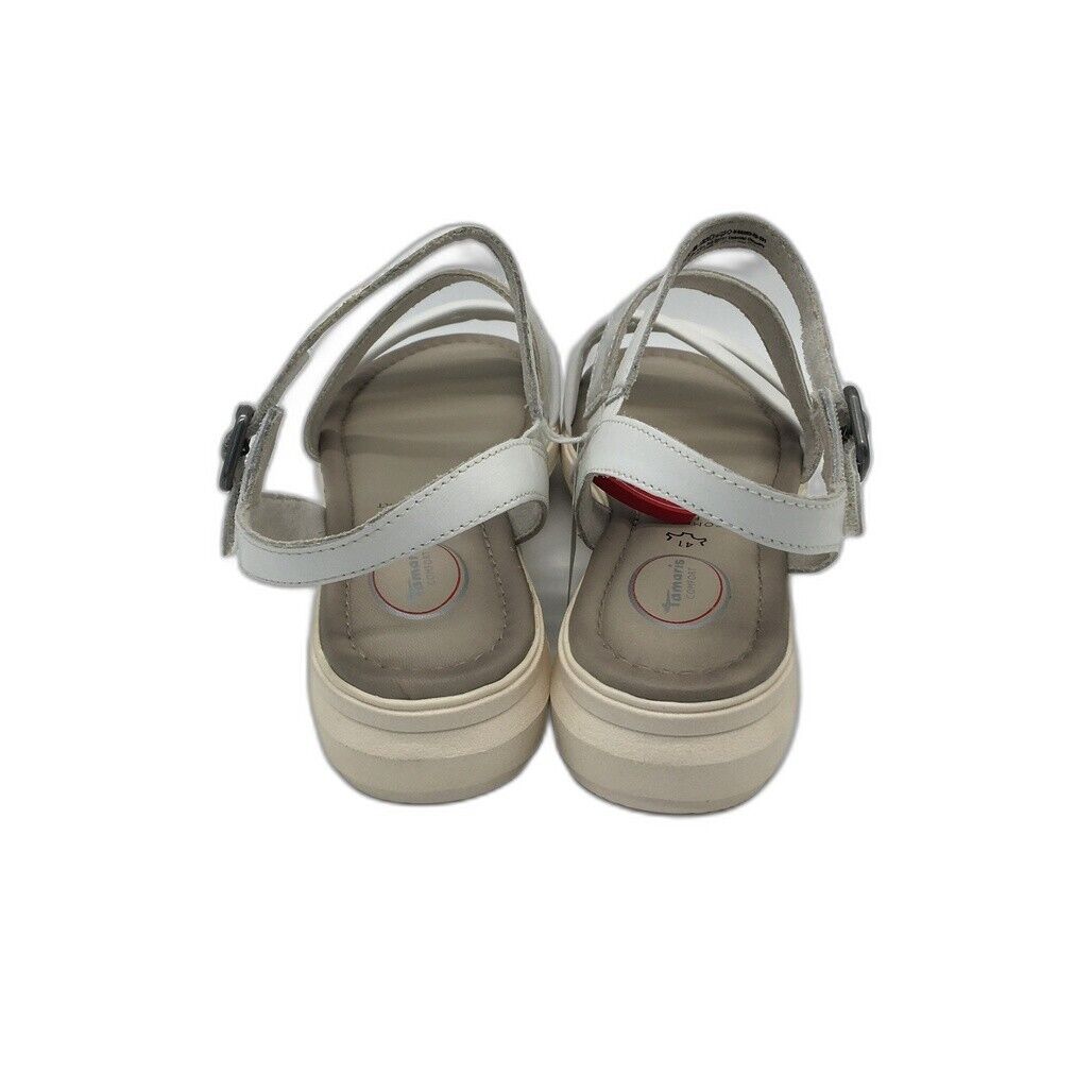 Tamaris Comfort Strappy Wedge Leather Sandals White/Silver Ladies Sz US 9.5 NEW