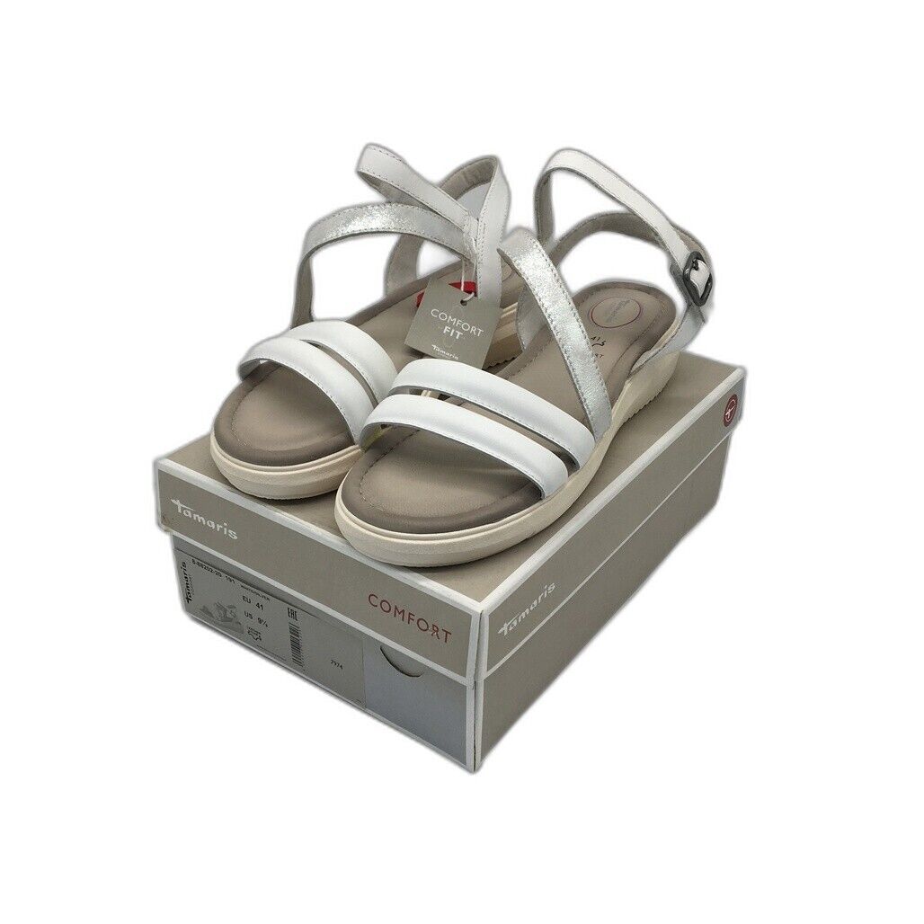 Tamaris Comfort Strappy Wedge Leather Sandals White/Silver Ladies Sz US 9.5 NEW