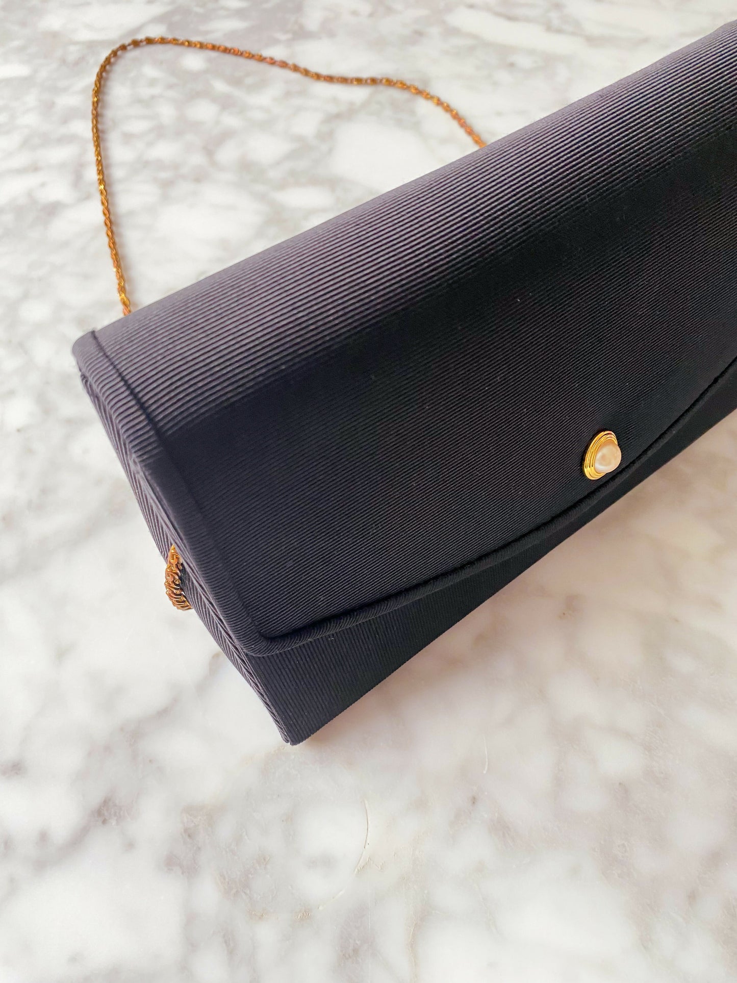 Black Fabric and Faux Pearl Bag