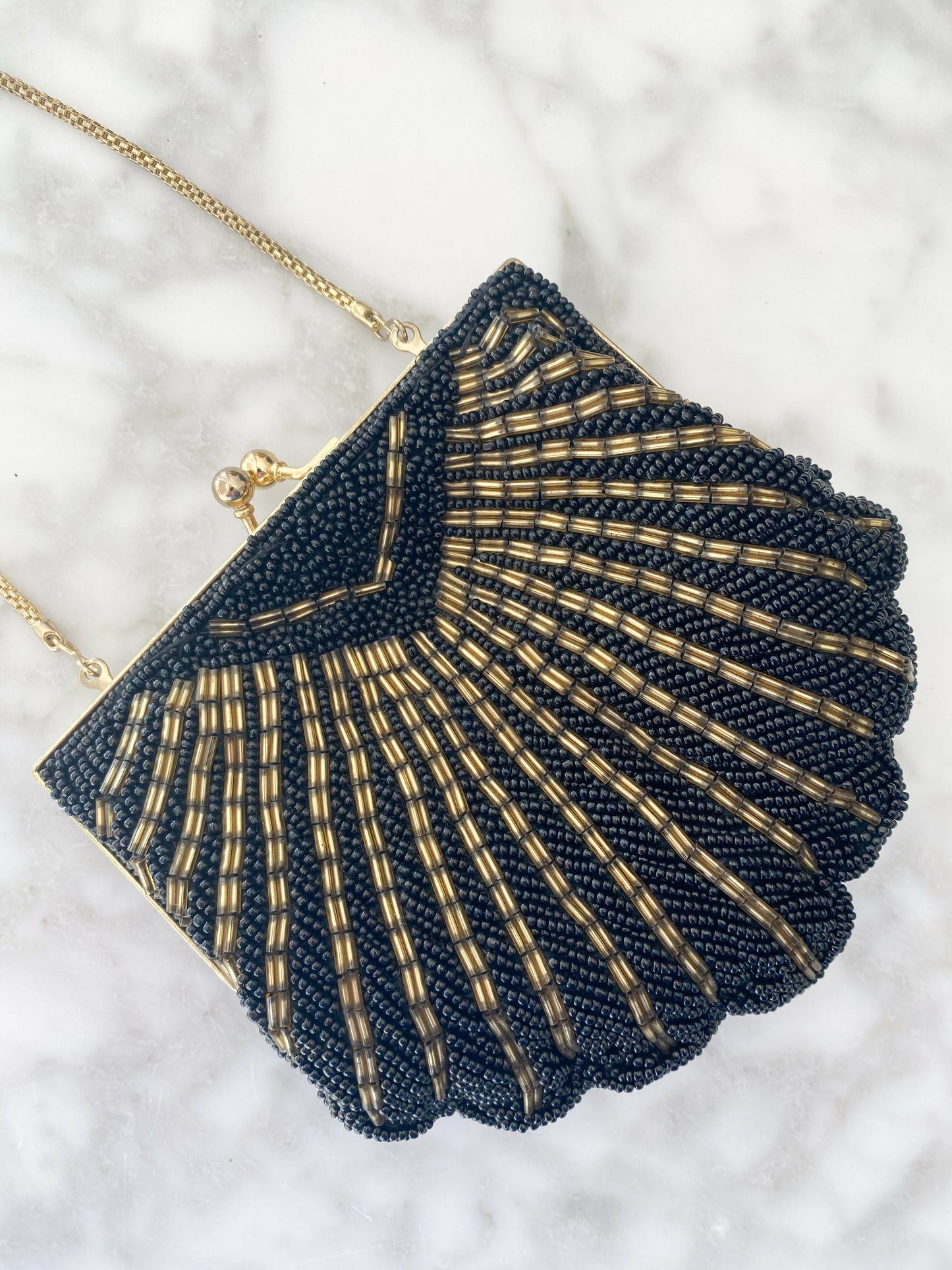 Vintage Beaded Black and Gold Clutch