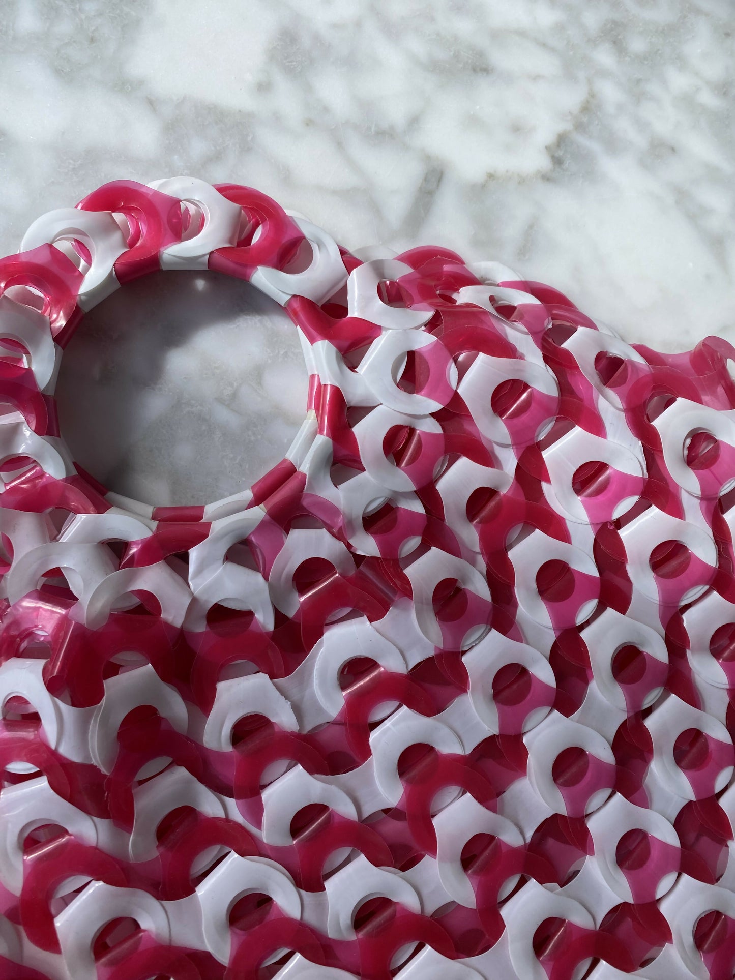 Woven Pink and White Plastic Tote