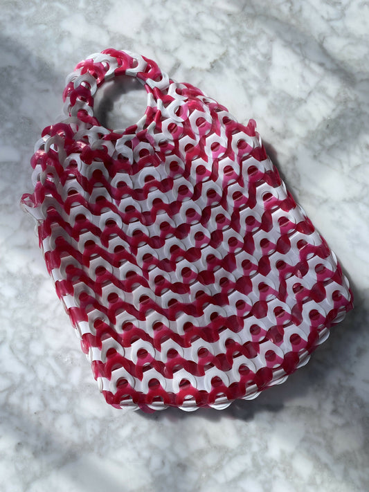 Woven Pink and White Plastic Tote