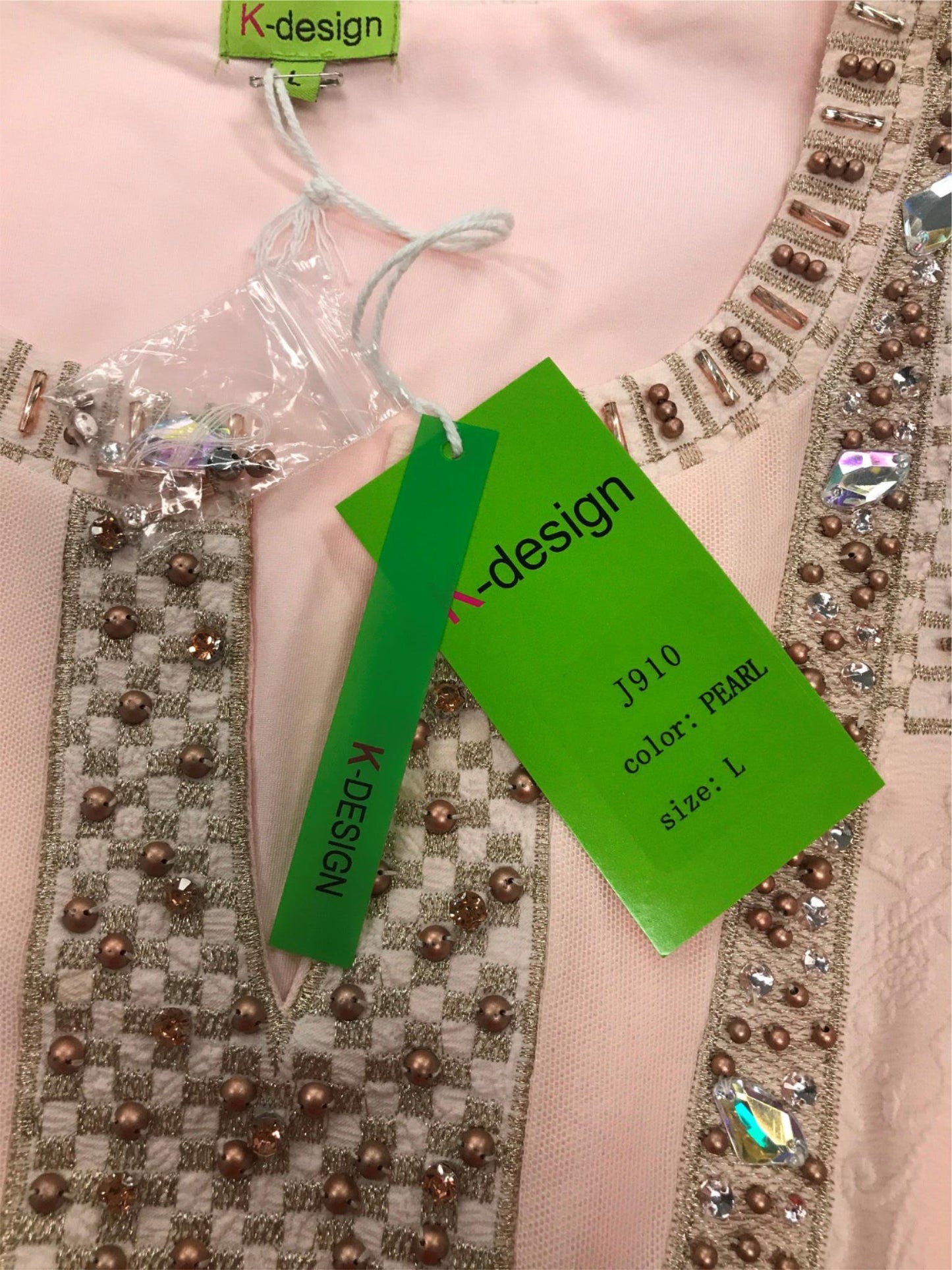 k-design-light-pink-patterned-bead-rhinestone-mini-dress-ladies-sz-l-new