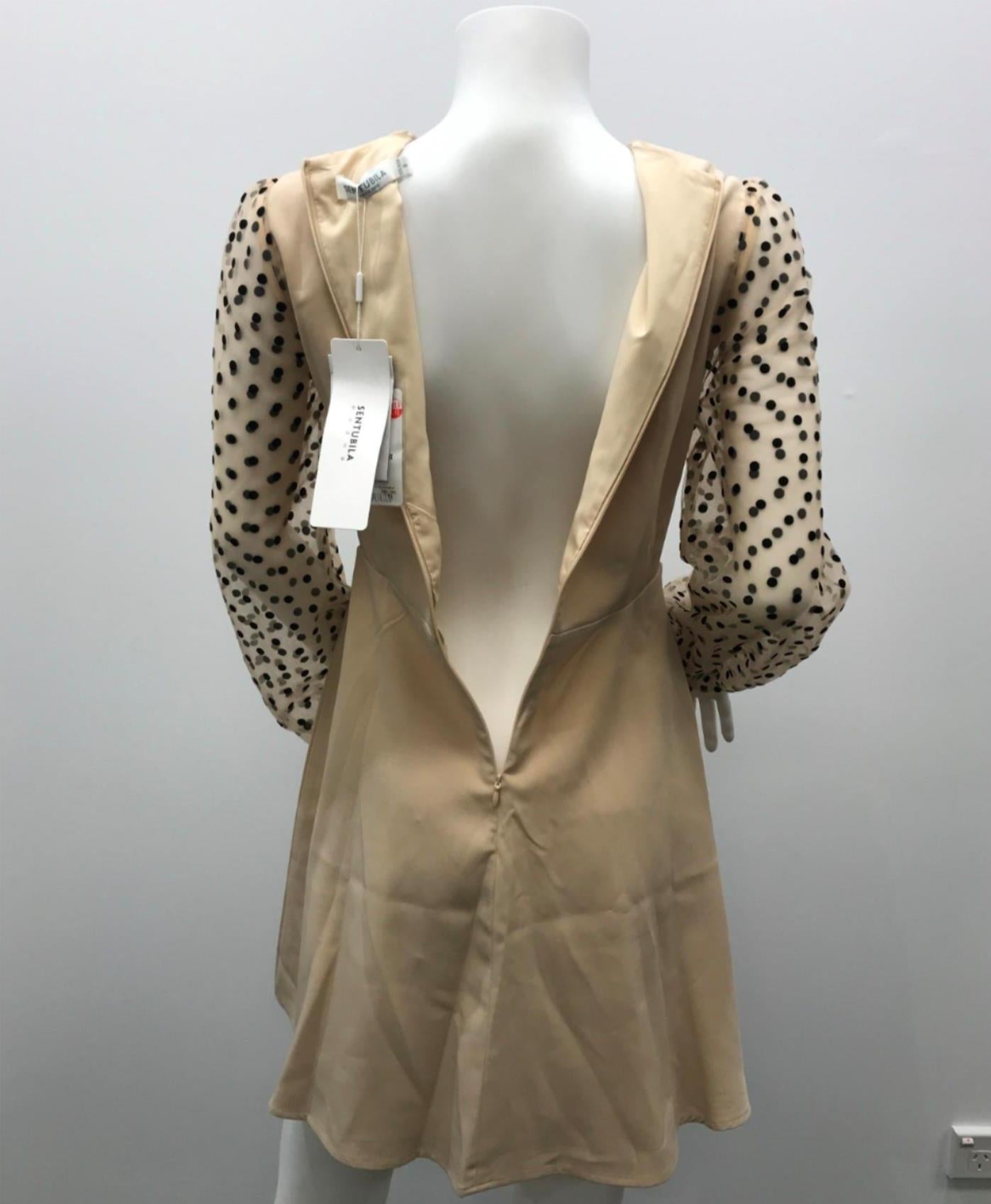 sentubila-beige-long-polka-dot-sleeve-mini-dress-zip-back-ladies-sz-s-new