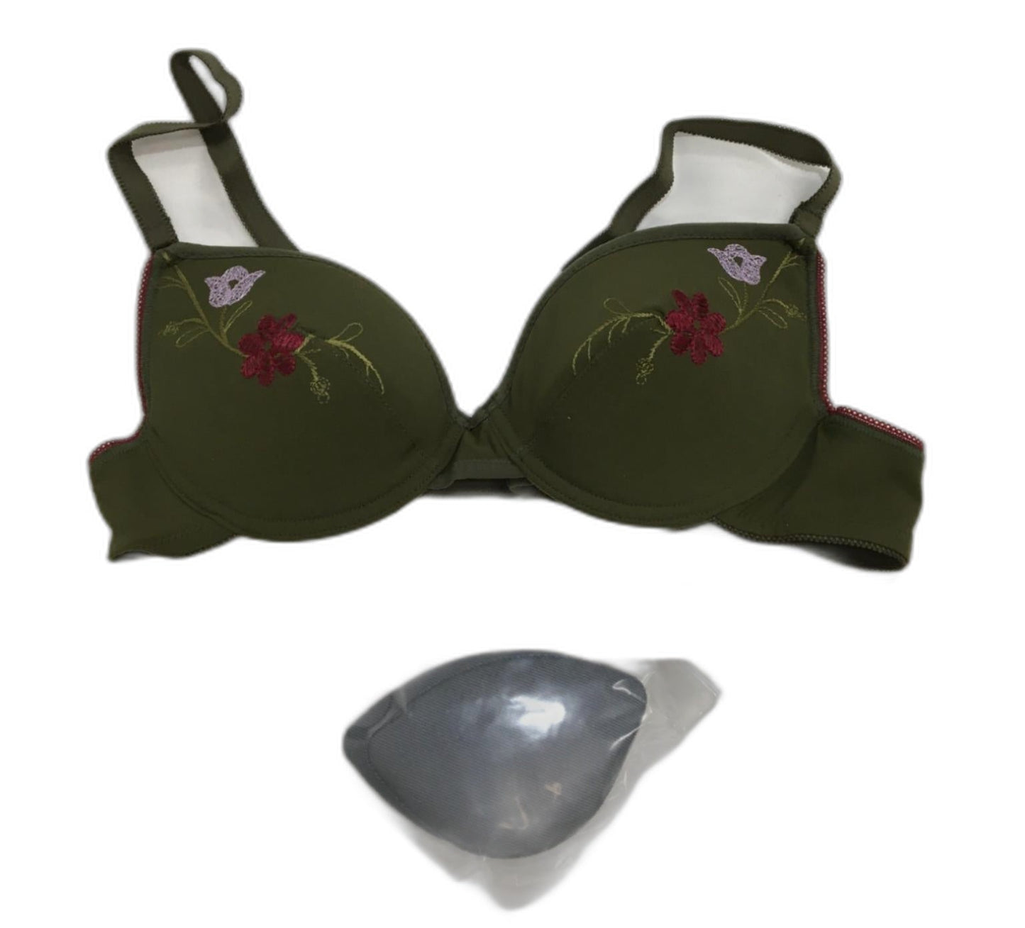 Mi Ami Underwire Olive Green Push Up Bra Embroidered Flowers Xs/32B NEW