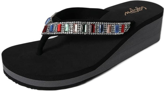 Lsytqrw Wedge Sandals Women Thong Bling Rhinestones Us 7 Black NEW