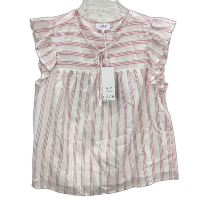 Grab Denim Flutter Sleeve Tie Neck Pink White Stripe Top Ladies Size 10 NEW
