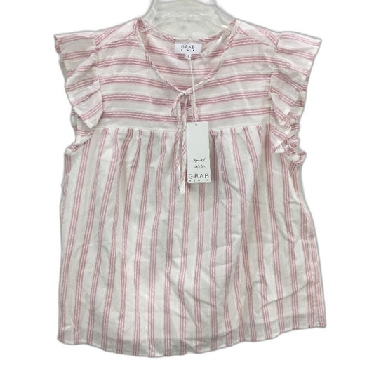 Grab Denim Flutter Sleeve Tie Neck Pink White Stripe Top Ladies Size 10 NEW