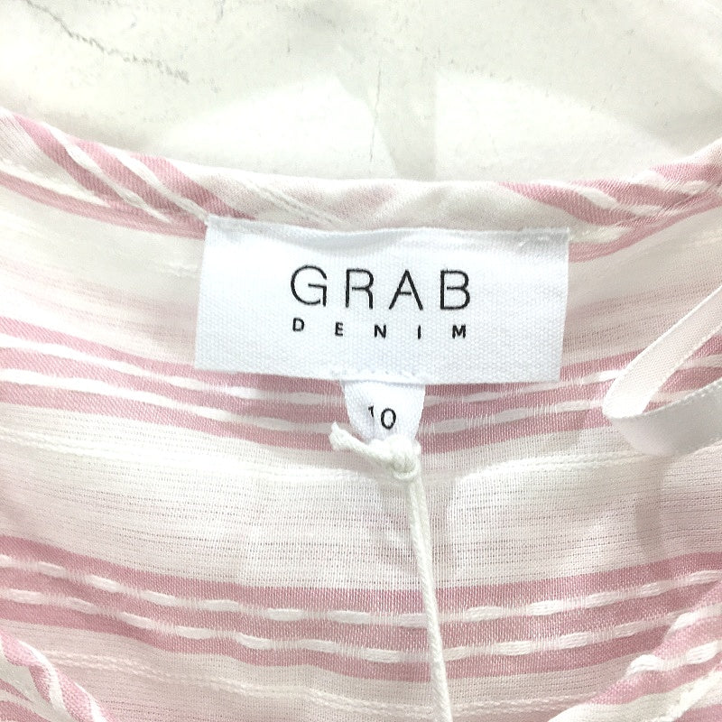 Grab Denim Flutter Sleeve Tie Neck Pink White Stripe Top Ladies Size 10 NEW