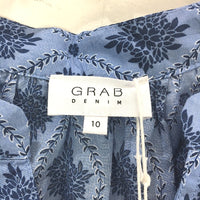 Grab Denim Floral V Neck Cotton Blue Shortsleeve Tunic Top Ladies Size 10 NEW