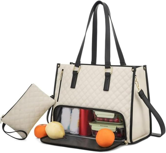 15.6 Inch Laptop Bag White Black Accent Faux Leather Quilted Look Lunch Tote NEW
