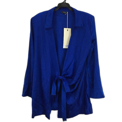 Micas Bright Blue Long Sleeve Belted Silky Shirt w/ Shoulder Pads Ladies Sz M NEW