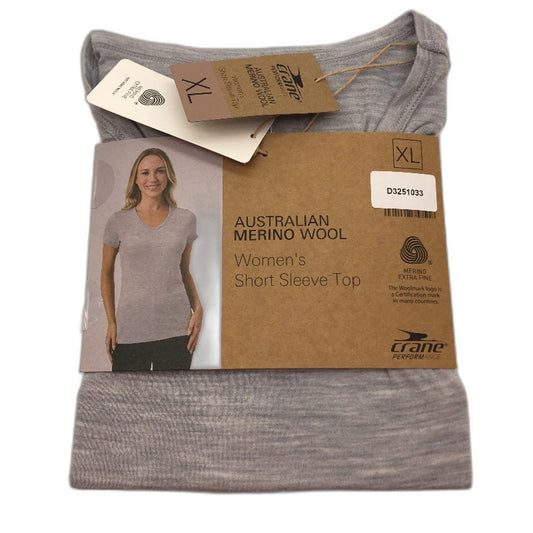 Crane Performance Australian Merino Wool Short Sleeve Top Grey Ladies Sz XL NEW