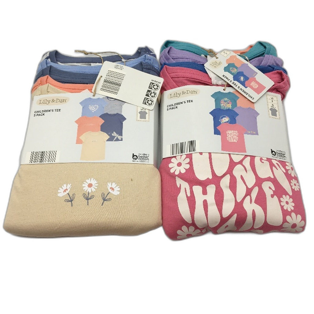 Lily & Dan 2 x 5Pks Classic Fit 100% Cotton Mutlicoloured Girls Tees Size 5 NEW