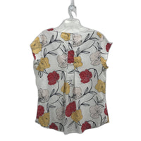 Jacqui E Warm Florals Short Sleeve White V Neck Blouse Ladies Size AU 16