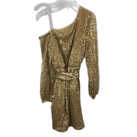 Forever New Gold Sequin Long Sleeve One-Shoulder Mini Dress Ladies Size AU 6