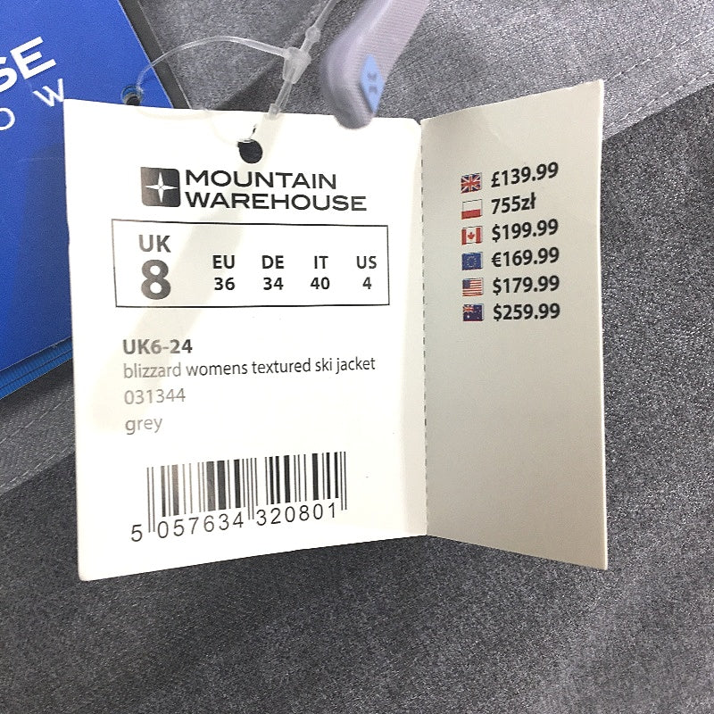 Mountain Warehouse Blizzard Grey Textured Hooded Ski Jacket Ladies Size 8 NEW