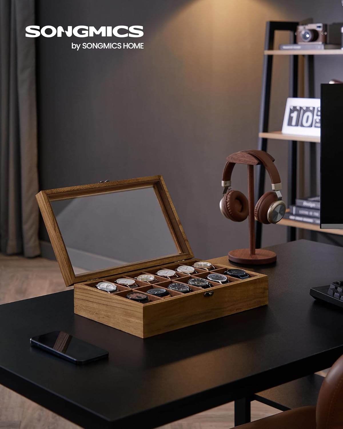 SONGMICS Unisex 12-Slot Walnut Watch Box Organizer Paulownia Wood Velvet NEW