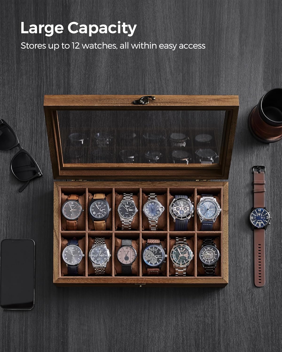 SONGMICS Unisex 12-Slot Walnut Watch Box Organizer Paulownia Wood Velvet NEW