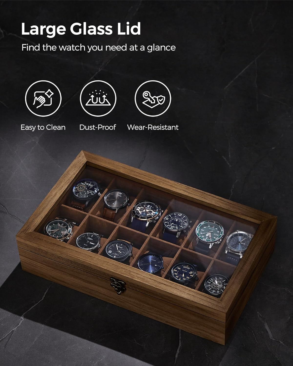 SONGMICS Unisex 12-Slot Walnut Watch Box Organizer Paulownia Wood Velvet NEW