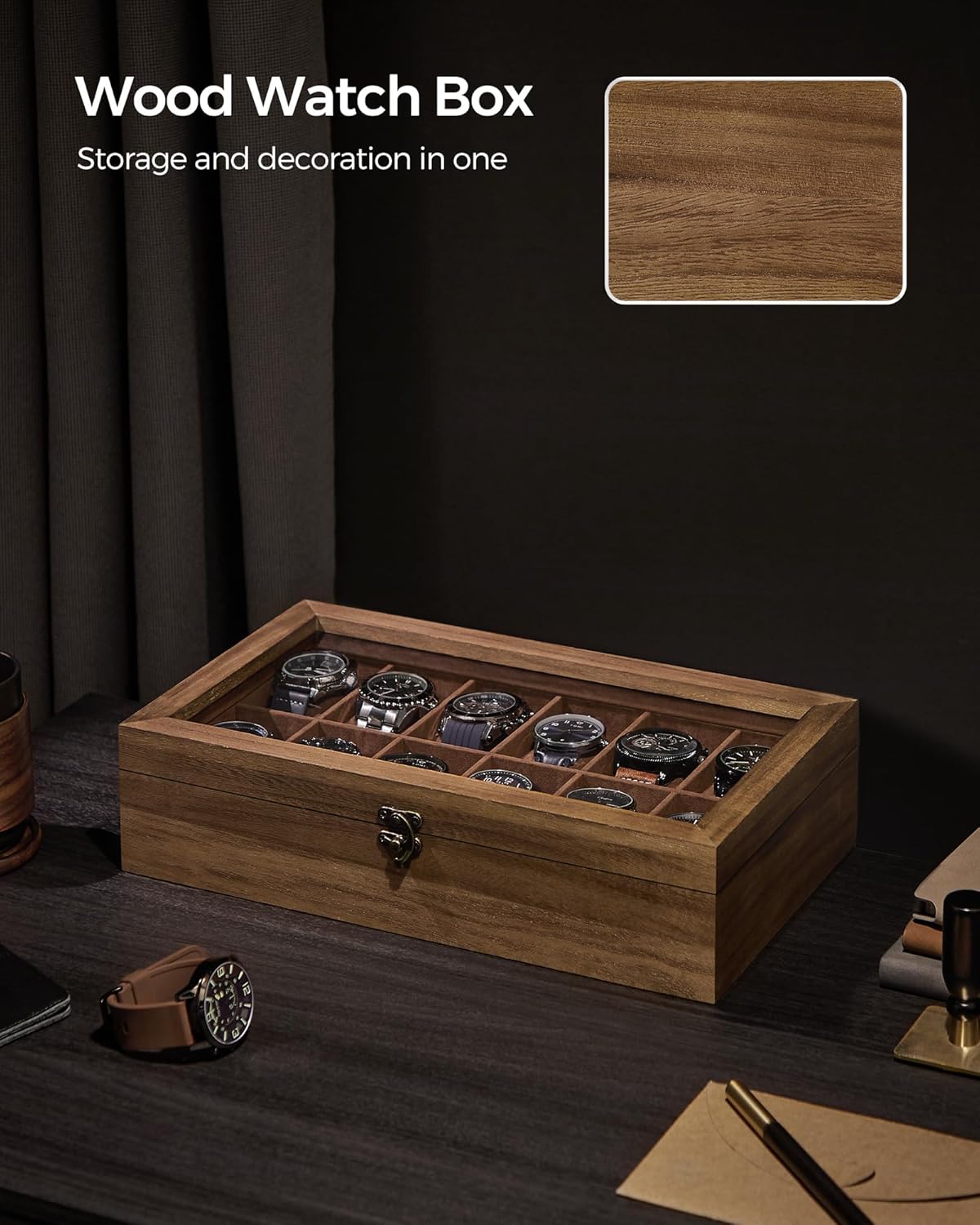SONGMICS Unisex 12-Slot Walnut Watch Box Organizer Paulownia Wood Velvet NEW