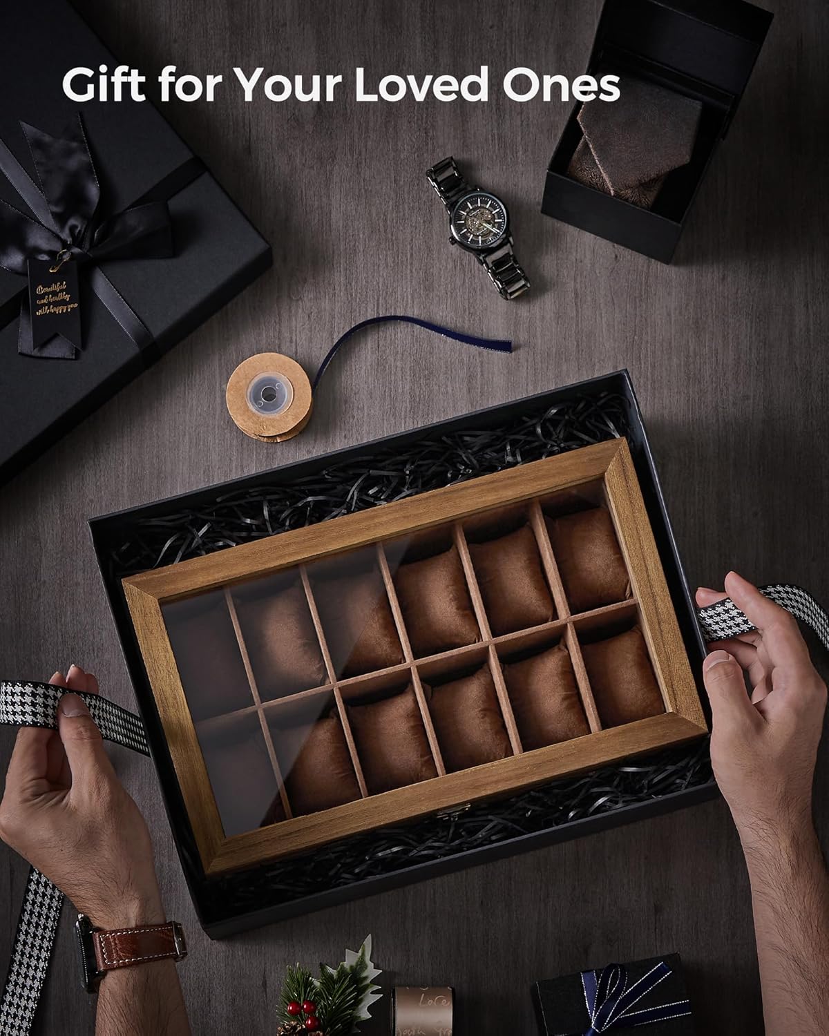 SONGMICS Unisex 12-Slot Walnut Watch Box Organizer Paulownia Wood Velvet NEW