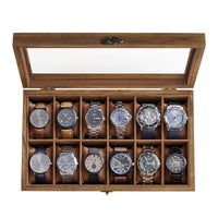 SONGMICS Unisex Paulownia Wood Watch Box Organizer 12 Slots Rustic Walnut NEW