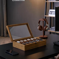 SONGMICS Unisex Paulownia Wood Watch Box Organizer 12 Slots Rustic Walnut NEW