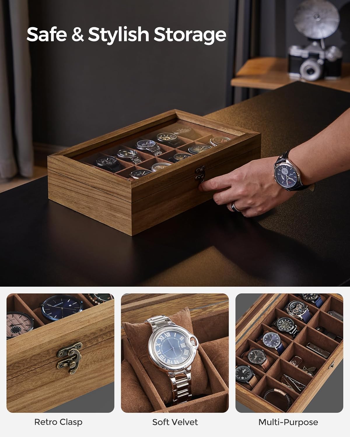 SONGMICS Unisex Paulownia Wood Watch Box Organizer 12 Slots Rustic Walnut NEW