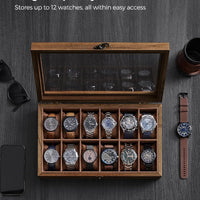 SONGMICS Unisex Paulownia Wood Watch Box Organizer 12 Slots Rustic Walnut NEW