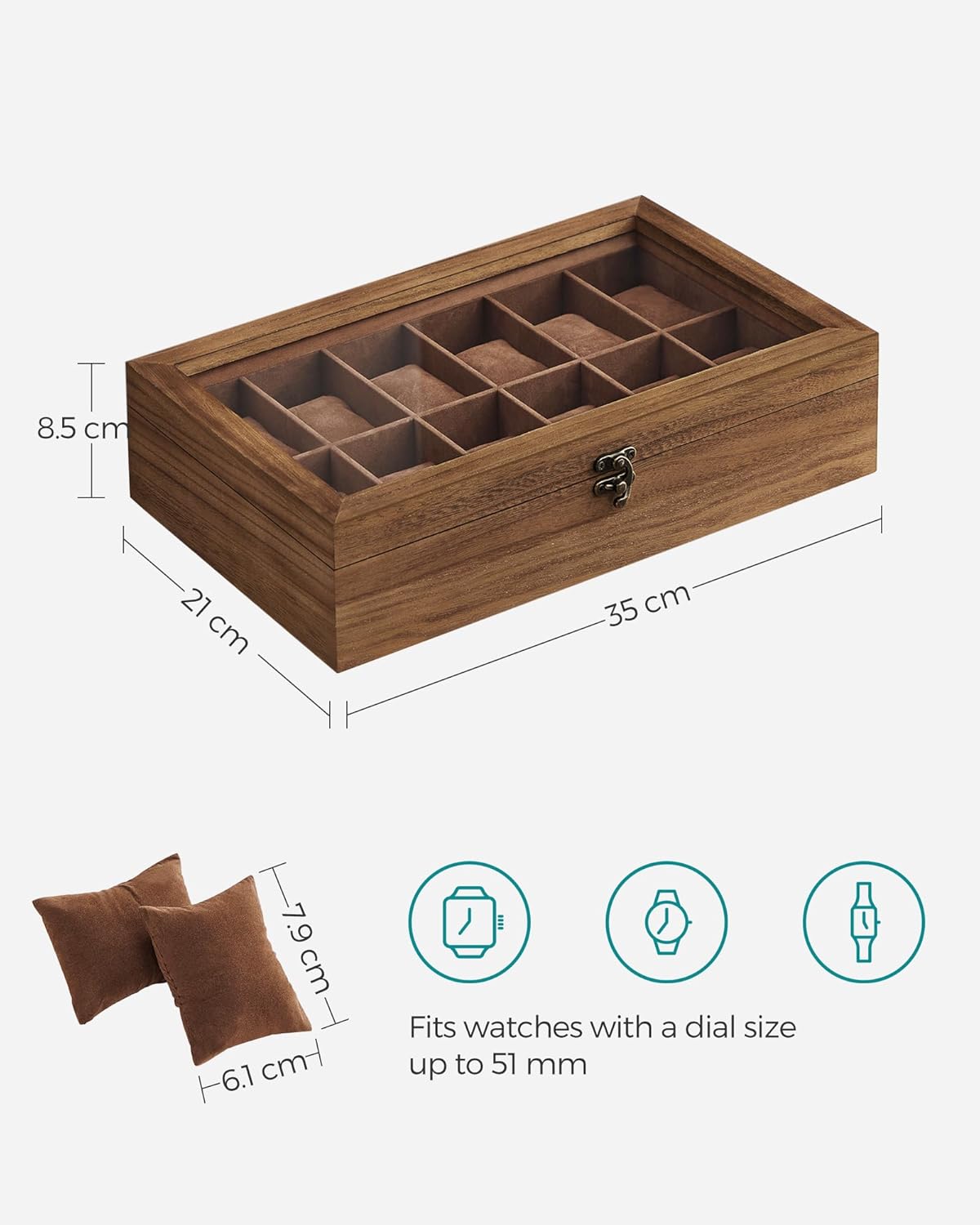 SONGMICS Unisex Paulownia Wood Watch Box Organizer 12 Slots Rustic Walnut NEW