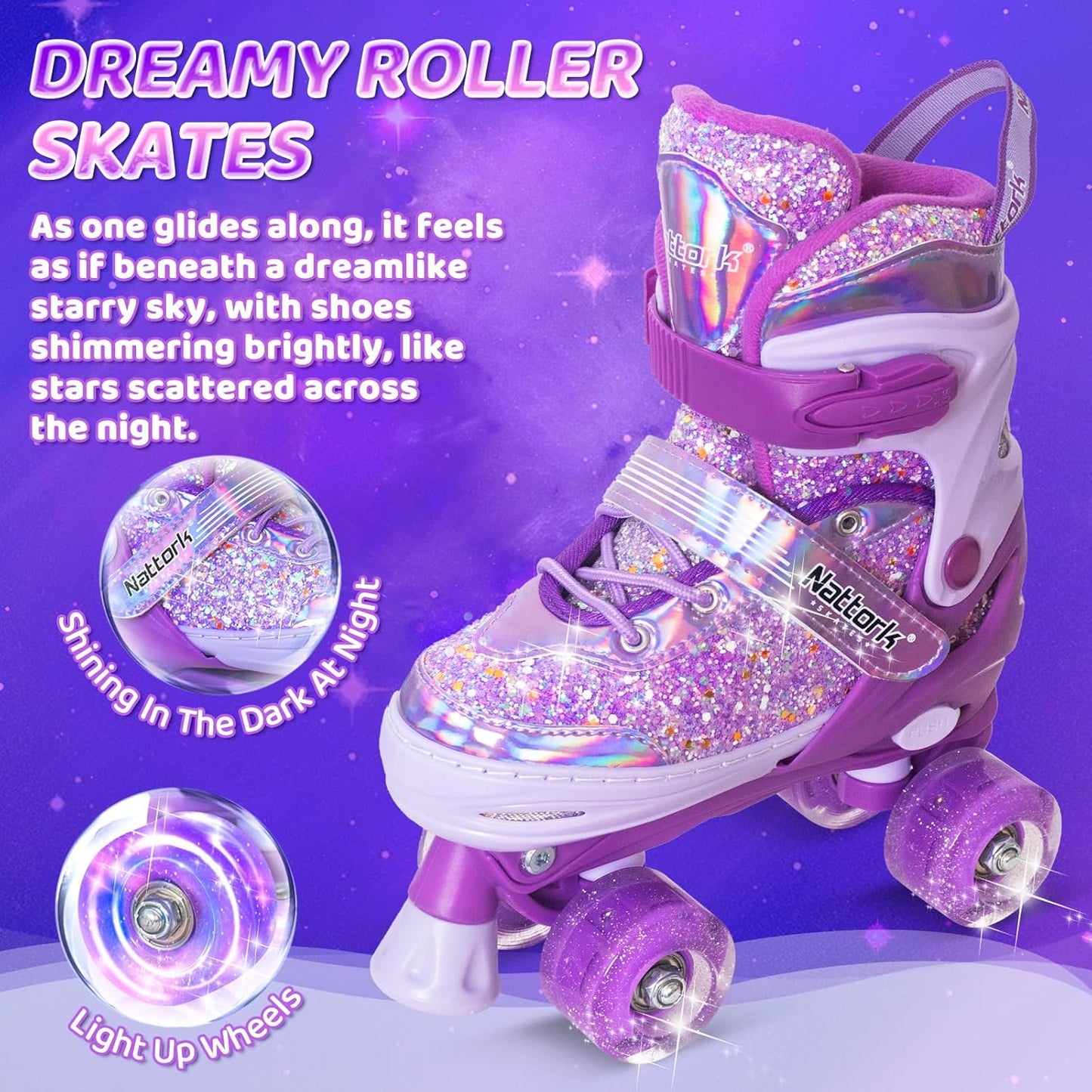 Nattork Kids Adjustable Roller Skates, Dream Purple, Medium (1-4) Size Size NEW