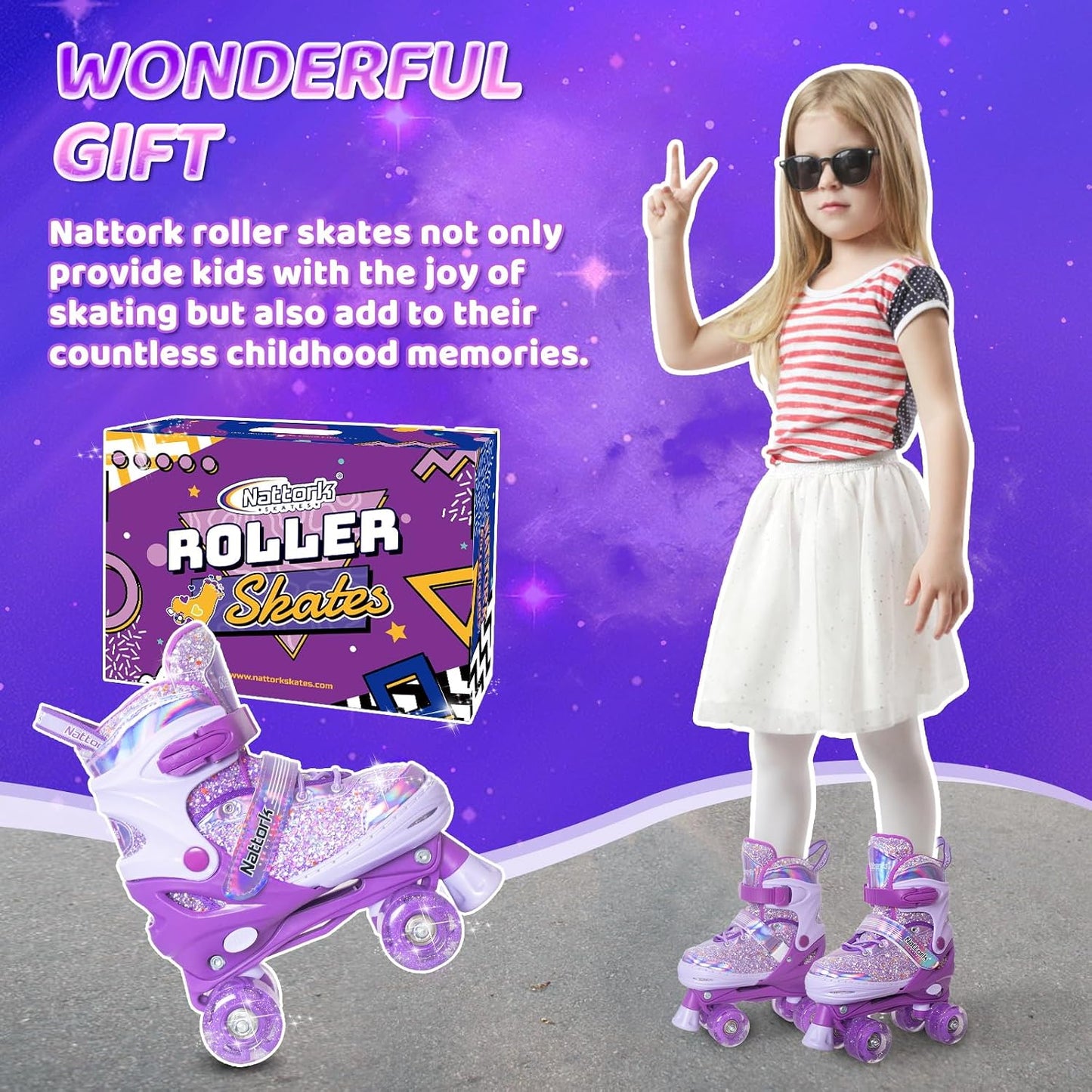 Nattork Kids Adjustable Roller Skates, Dream Purple, Medium (1-4) Size Size NEW