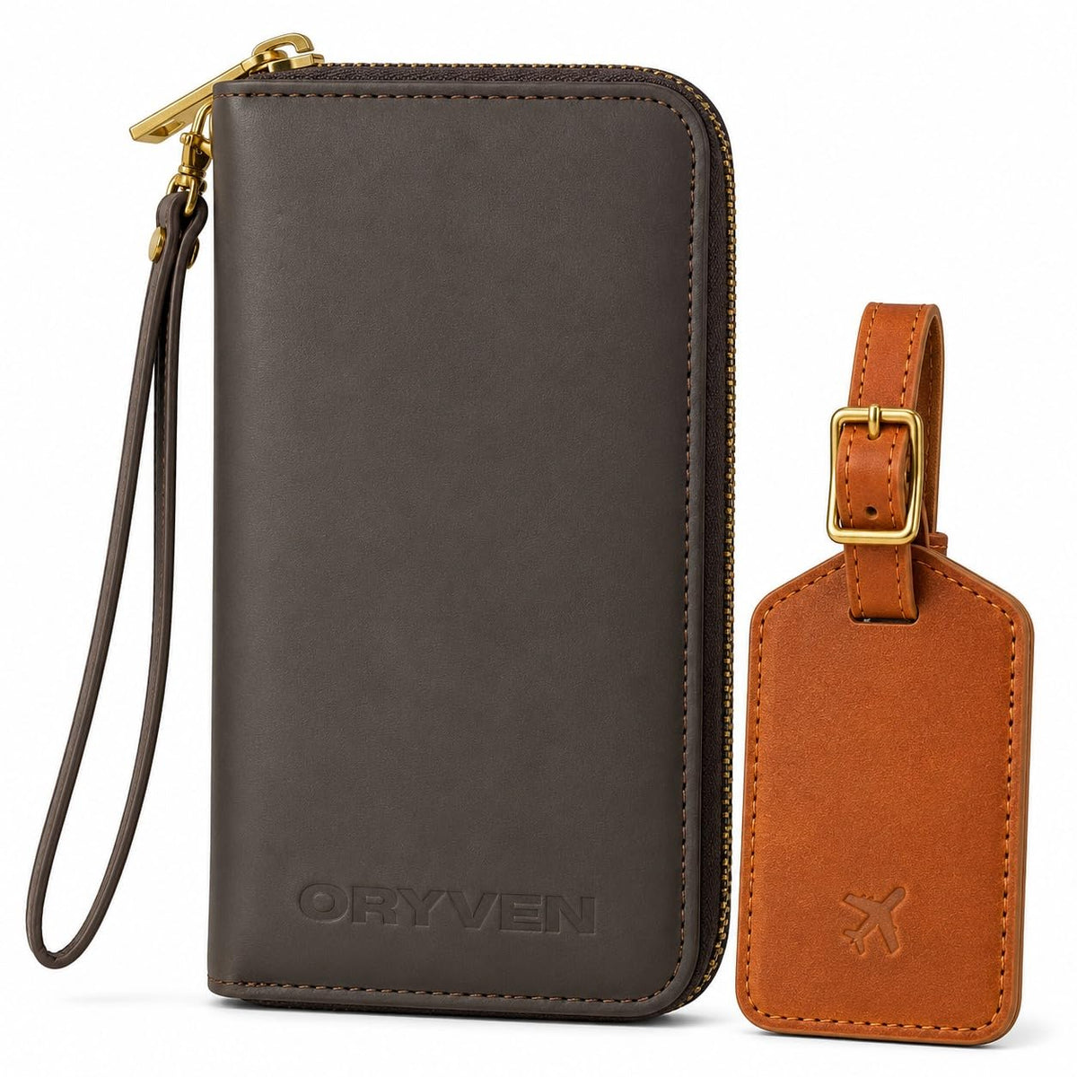 ORYVEN Crazy Horse Leather Passport Wallet RFID Brown Travel Holder Size - NEW