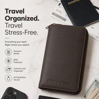 ORYVEN Crazy Horse Leather Passport Wallet RFID Brown Travel Holder Size - NEW