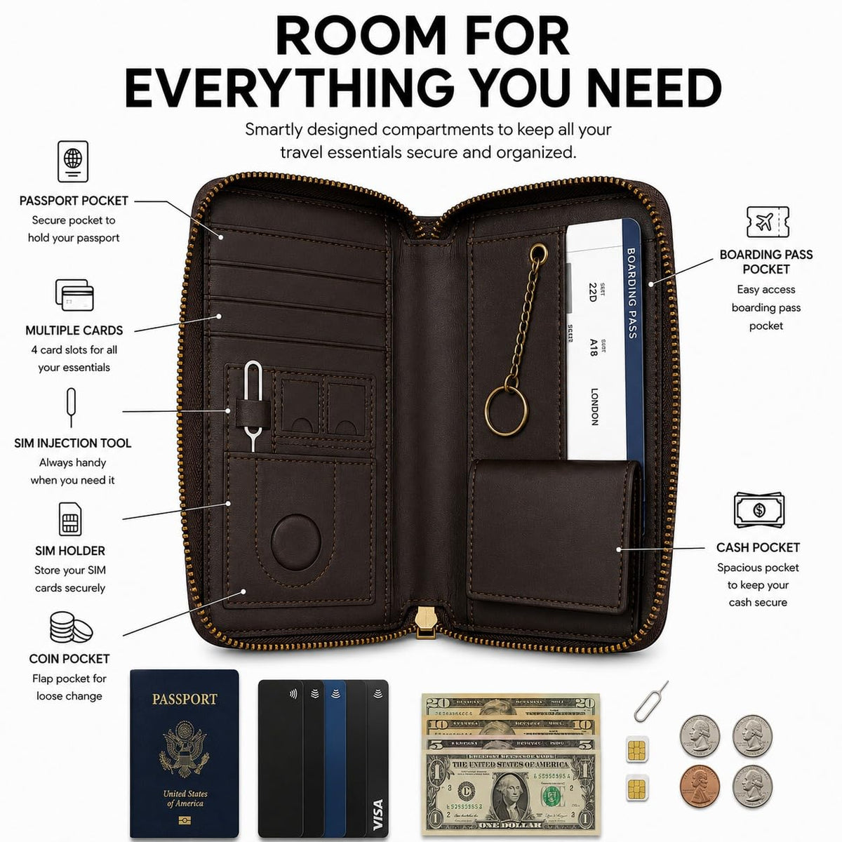ORYVEN Crazy Horse Leather Passport Wallet RFID Brown Travel Holder Size - NEW
